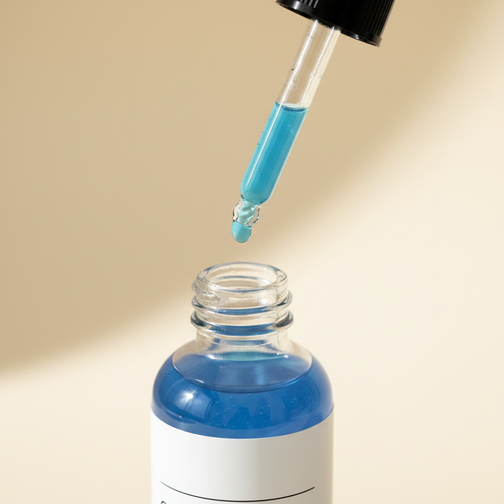 Dropper with light blue copper peptide serum above the open bottle
