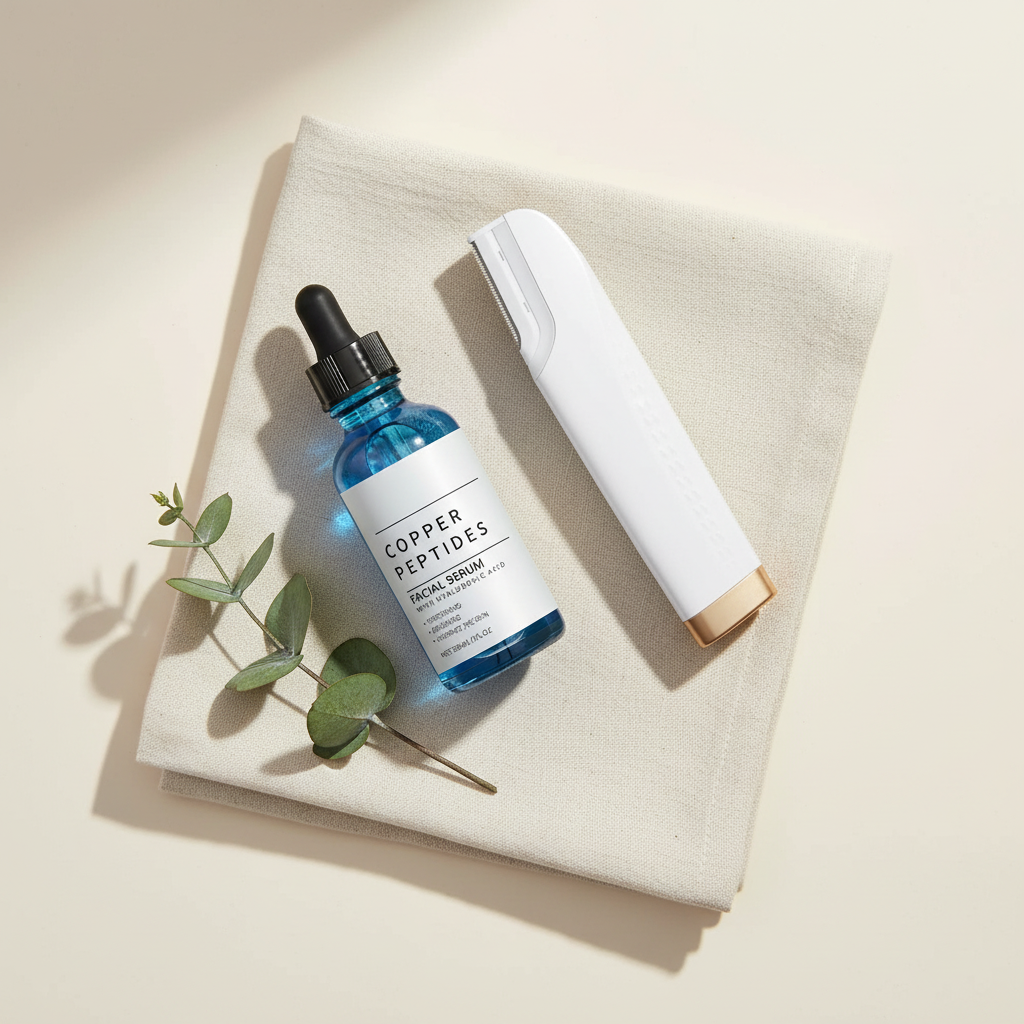 GlowPrep Copper Peptide Serum next to the GlowPrep dermaplaning device on linen