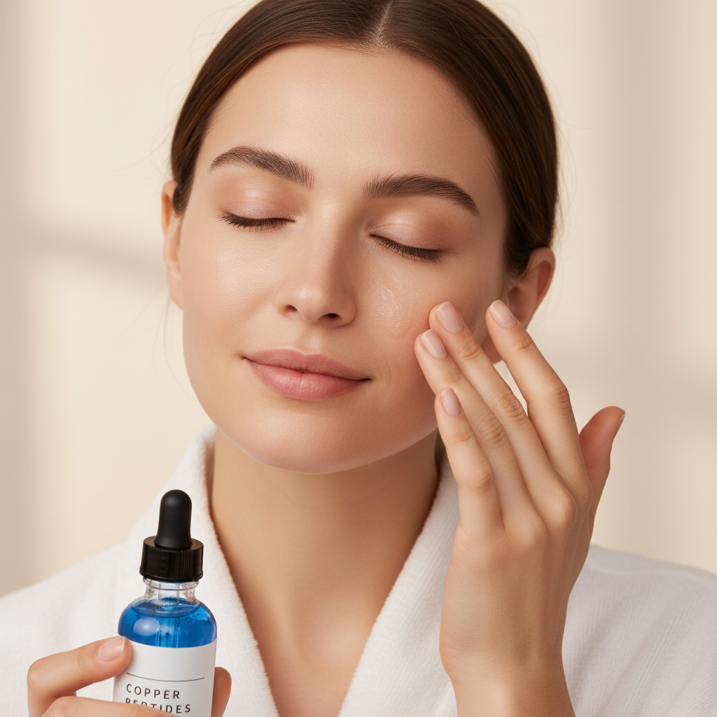 Woman massaging GlowPrep Copper Peptide Serum into her cheek