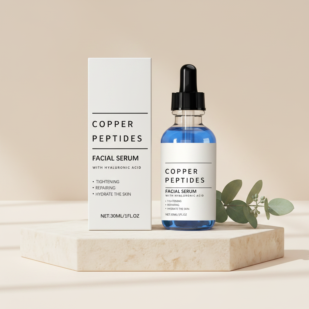 GlowPrep Copper Peptide Serum bottle and box on a stone pedestal