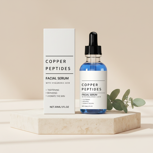 GlowPrep Copper Peptide Serum bottle and box on a stone pedestal