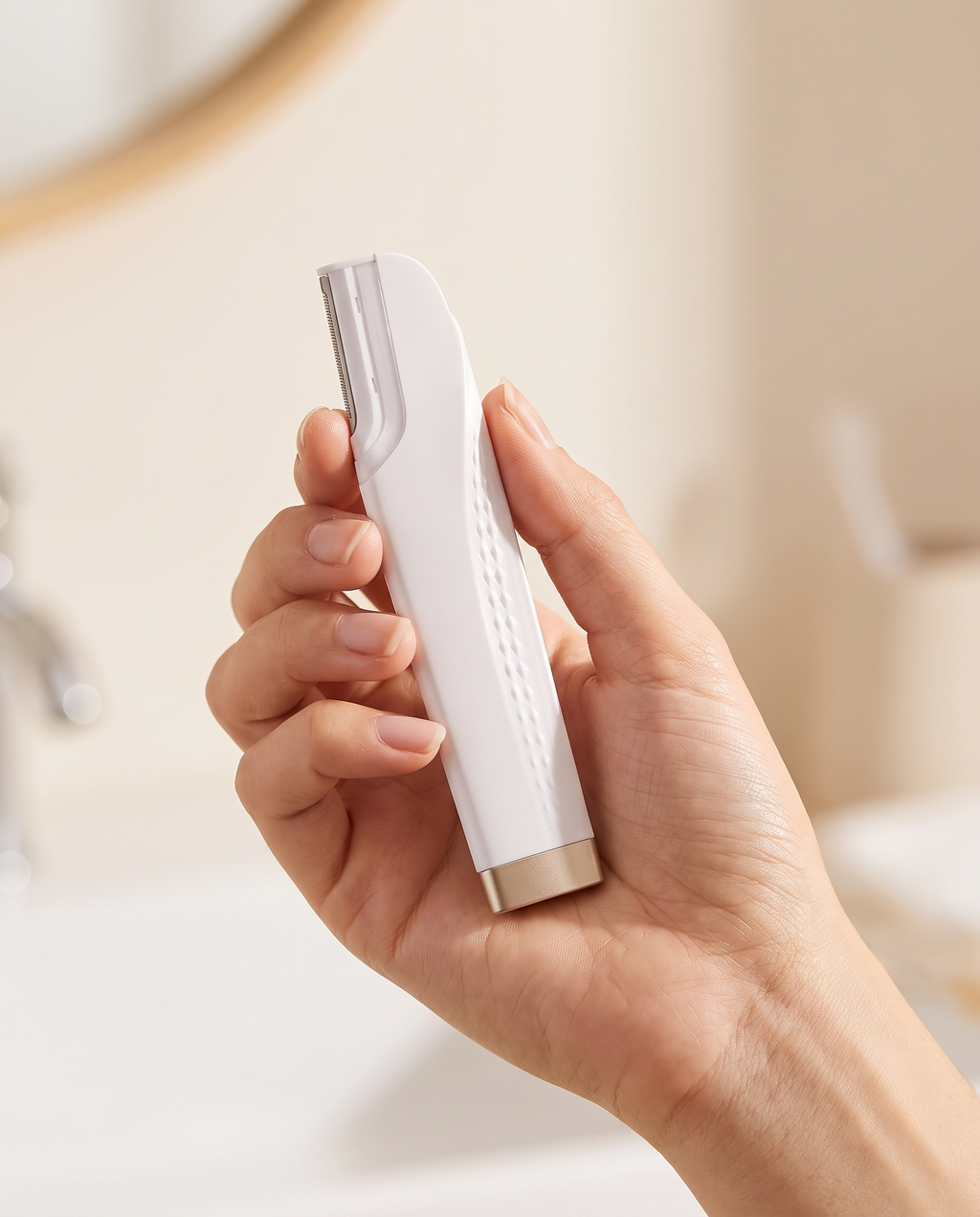 Compact pocket-size GlowPrep dermaplaning device held in hand
