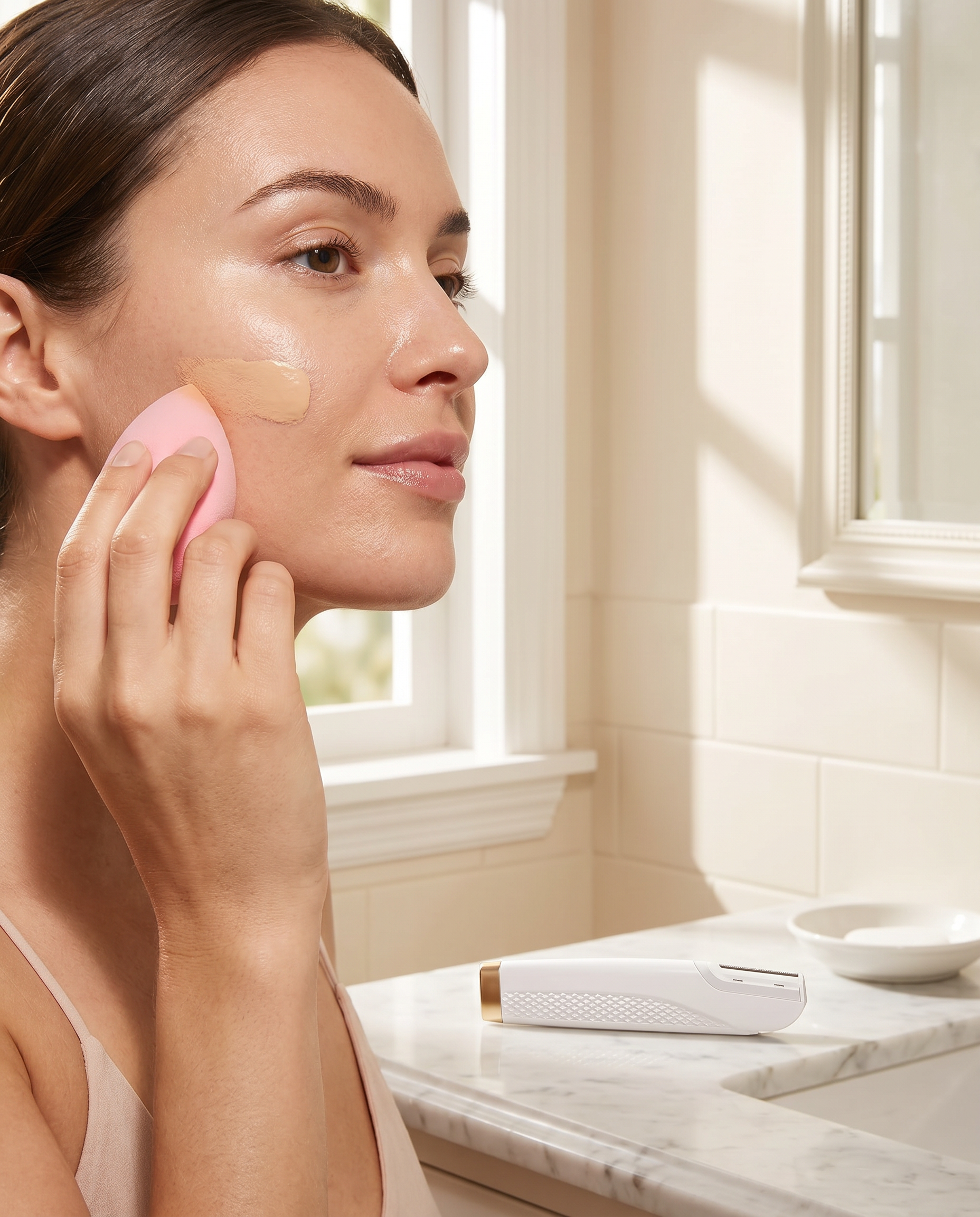 Foundation applied smoothly with a sponge on prepped skin, GlowPrep device on the vanity